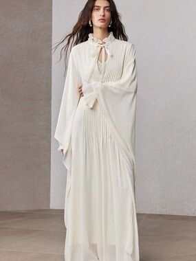 NWT Zeylah XL Ivory-Cream Tie Collar Pleated Maxi Dress